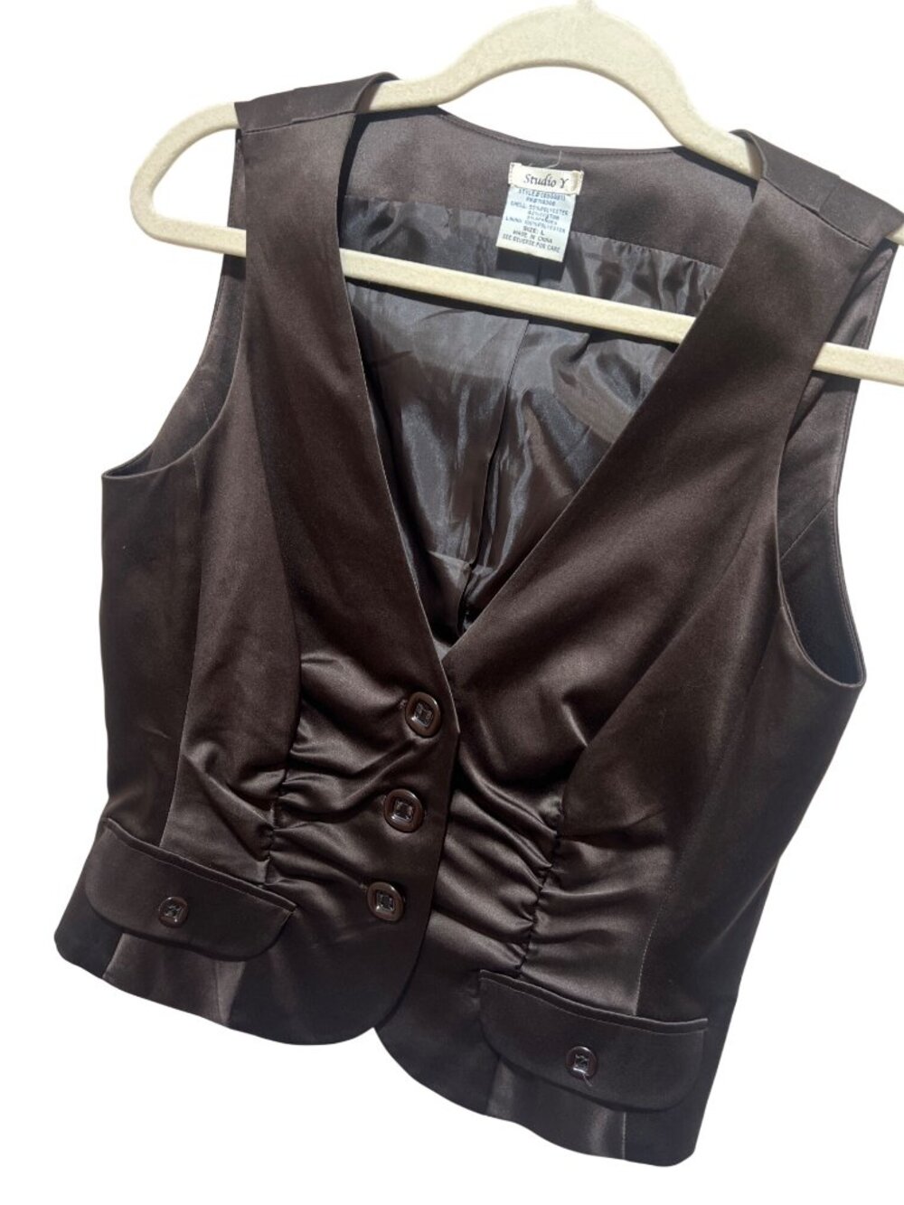 Studio Y Y2K Brown Satin Fitted Vest With Ruched Details & Button Accents Size L